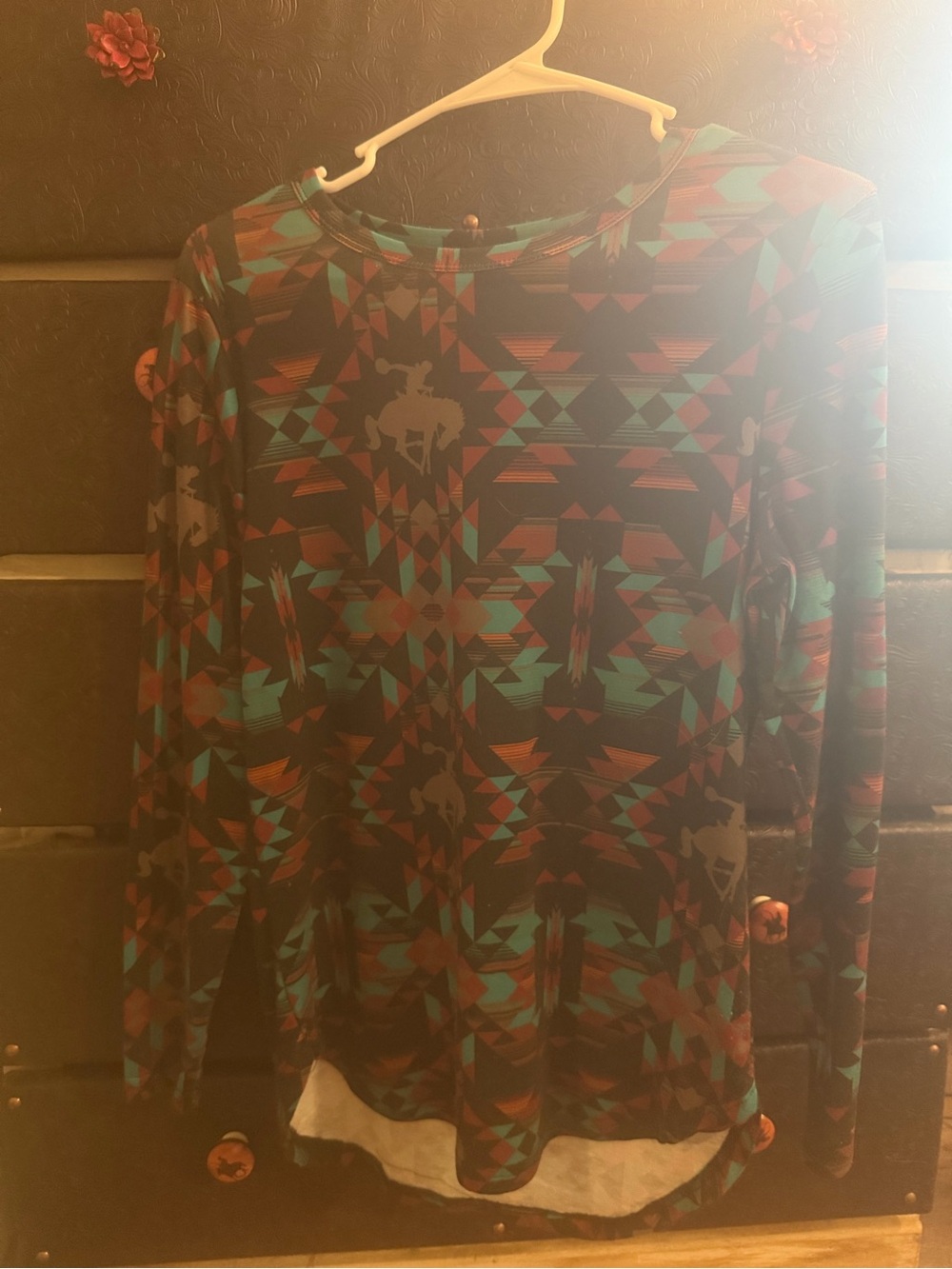 Crazy Train Aztec Rodeo Print Long Sleeve Top - Teal & Rust